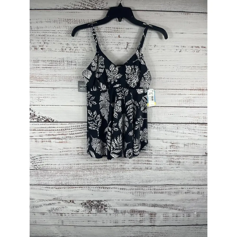 Swim Solutions V Neck Tankini Top Women's Size 10 Black White Underwire D Cup
